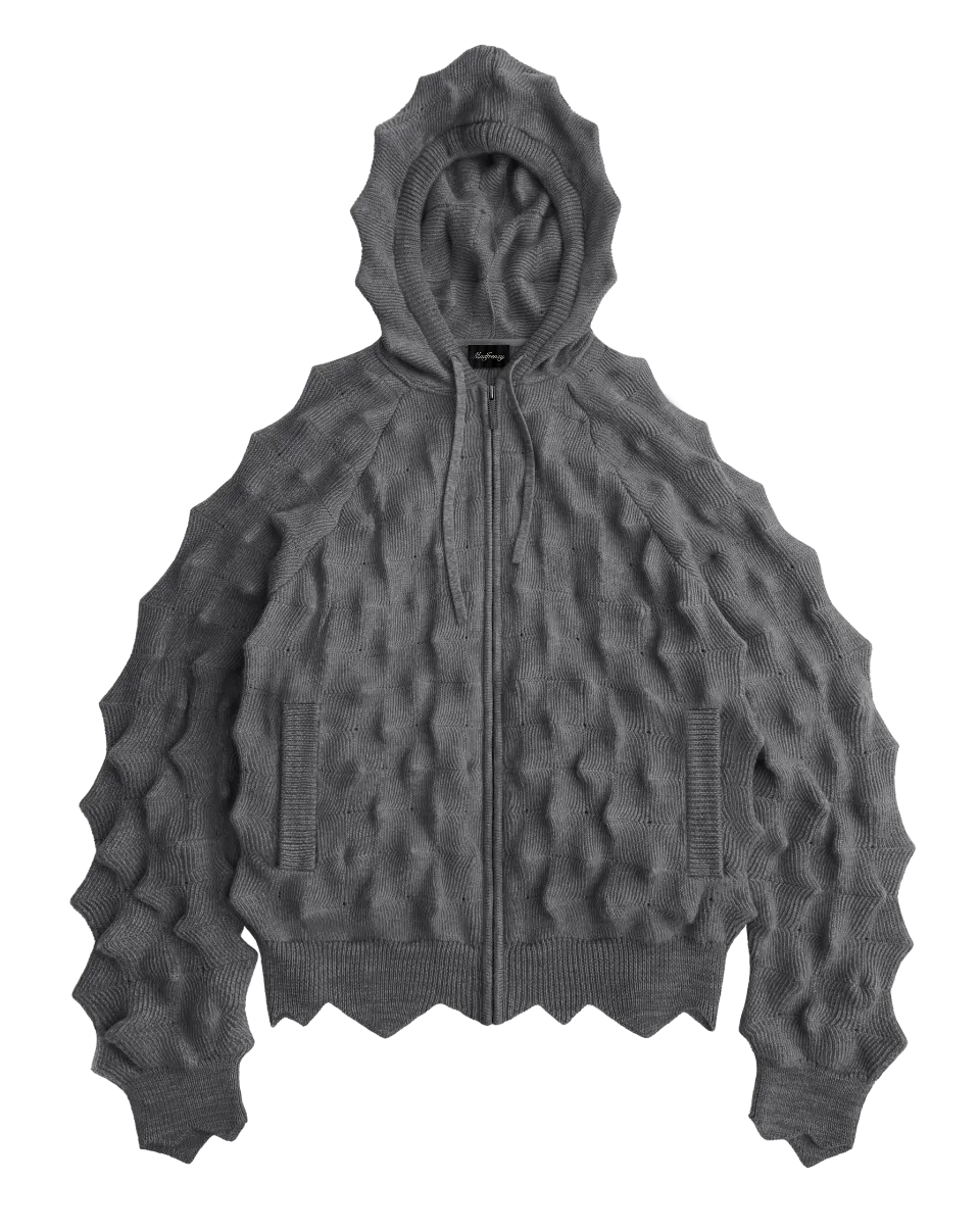 SPIKED ZIP-UP HOODIE - GRAY の前面画像。全体がトゲトゲした凹凸のフルジップニットパーカー。
