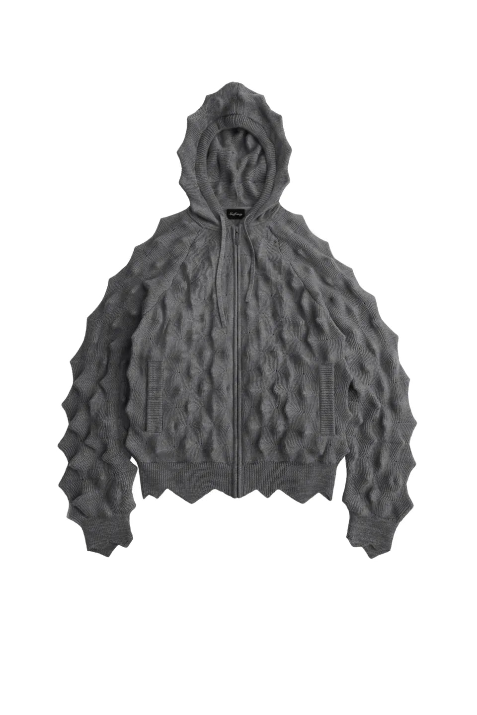 SPIKED ZIP-UP HOODIE MADFRENZYのグレーカラー平置き正面画像。特殊加工による立体的なスパイクテクスチャとジップアップフーディーデザイン。
