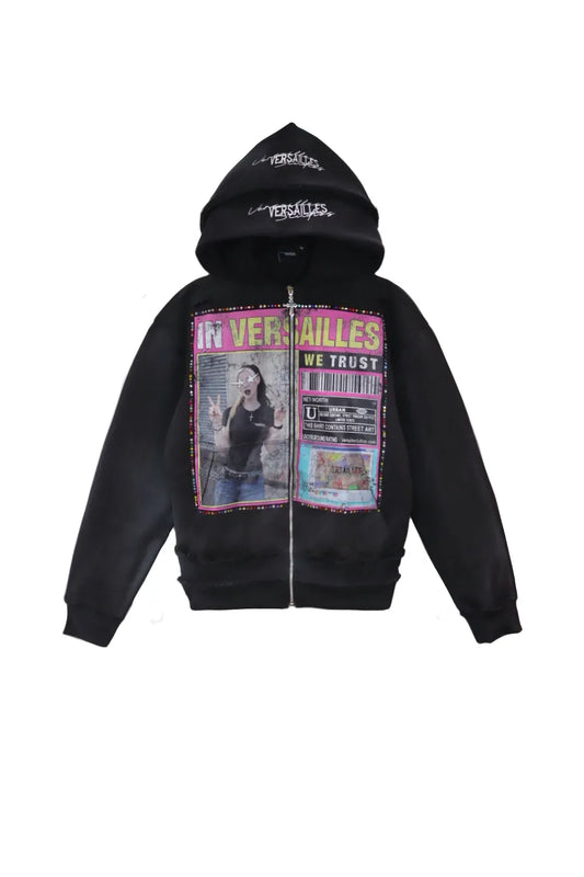 Versailles Galleria "INVWT" Zip Double Hoodie ブラックの正面平置き画像。二重フードとラインストーン装飾付きグラフィックプリント。