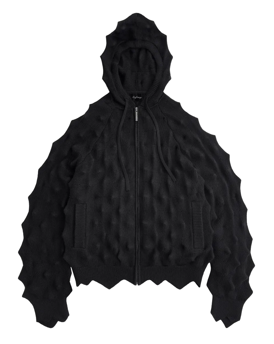 SPIKED ZIP-UP HOODIE - BLACK の前面画像。全体がトゲトゲした凹凸のフルジップニットパーカー。