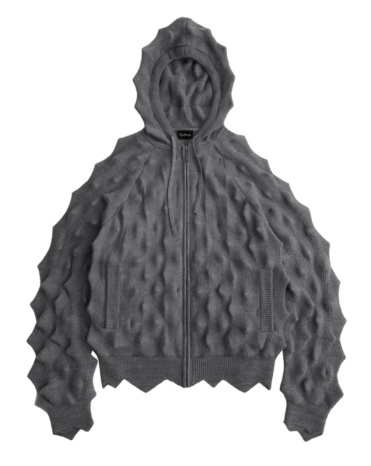 SPIKED ZIP-UP HOODIE - GRAY の前面画像。全体がトゲトゲした凹凸のフルジップニットパーカー。