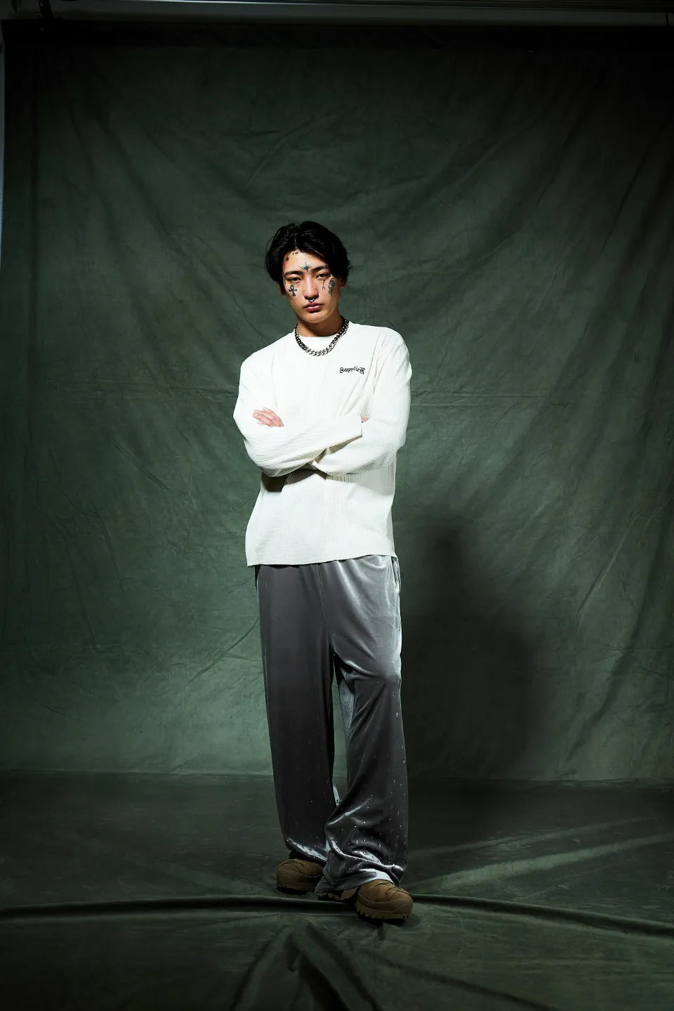 Micro Cross Rhinestone Velour Track Pants