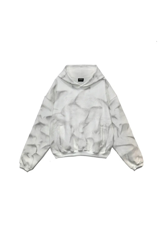 LUMINOUS DAWN EMBROIDERED LOGO HOODIE - WHITE の前面画像。フロントに同色のロゴ刺繍。全体に汚し加工の入った短丈のプルオーバーパーカー。