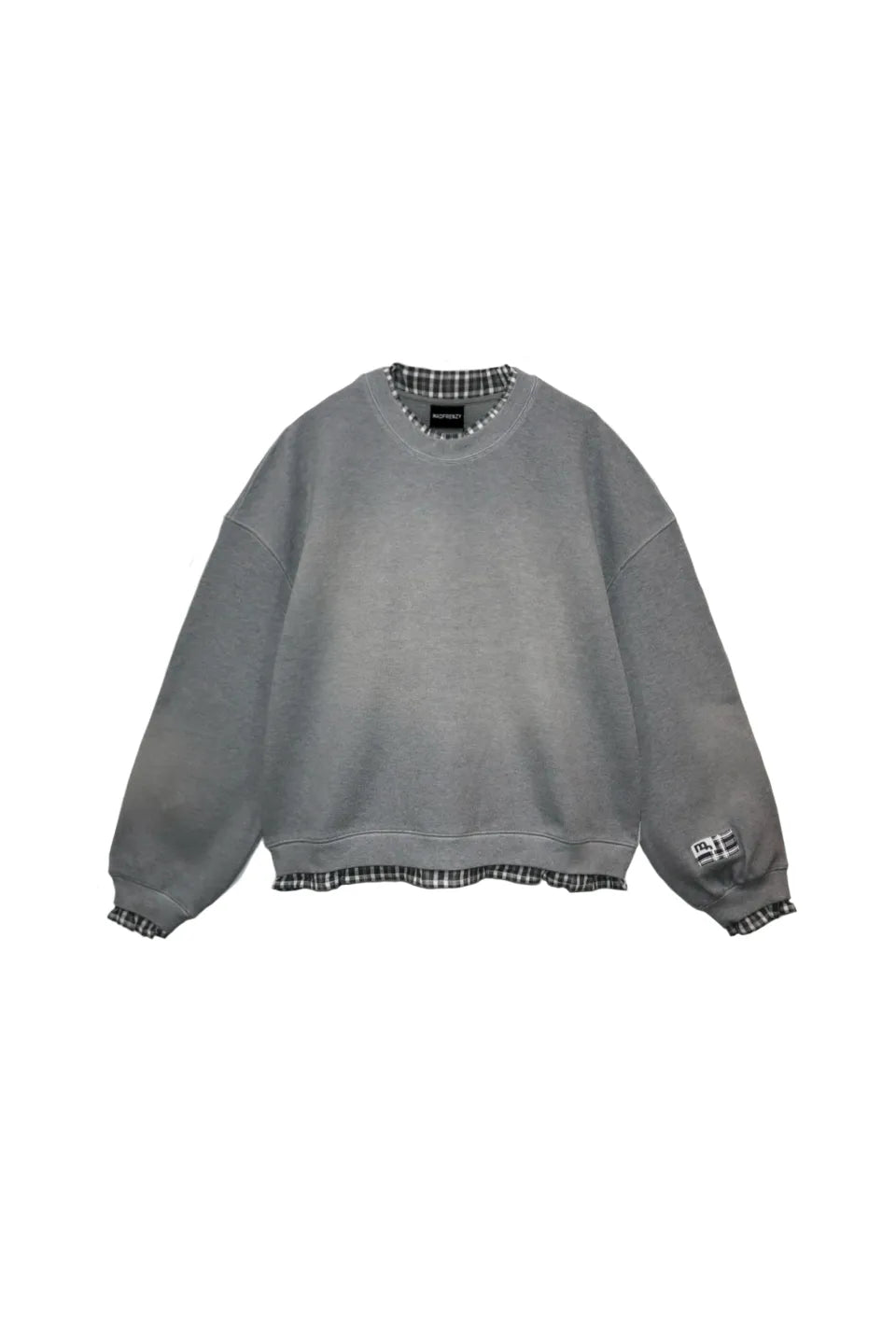 MADFRENZY Layred Sweatshirt。グレーのフェード加工スウェットに、裾や襟からチェック柄が覗くレイヤード風デザイン。