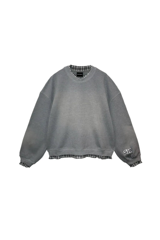MADFRENZY Layred Sweatshirt。グレーのフェード加工スウェットに、裾や襟からチェック柄が覗くレイヤード風デザイン。