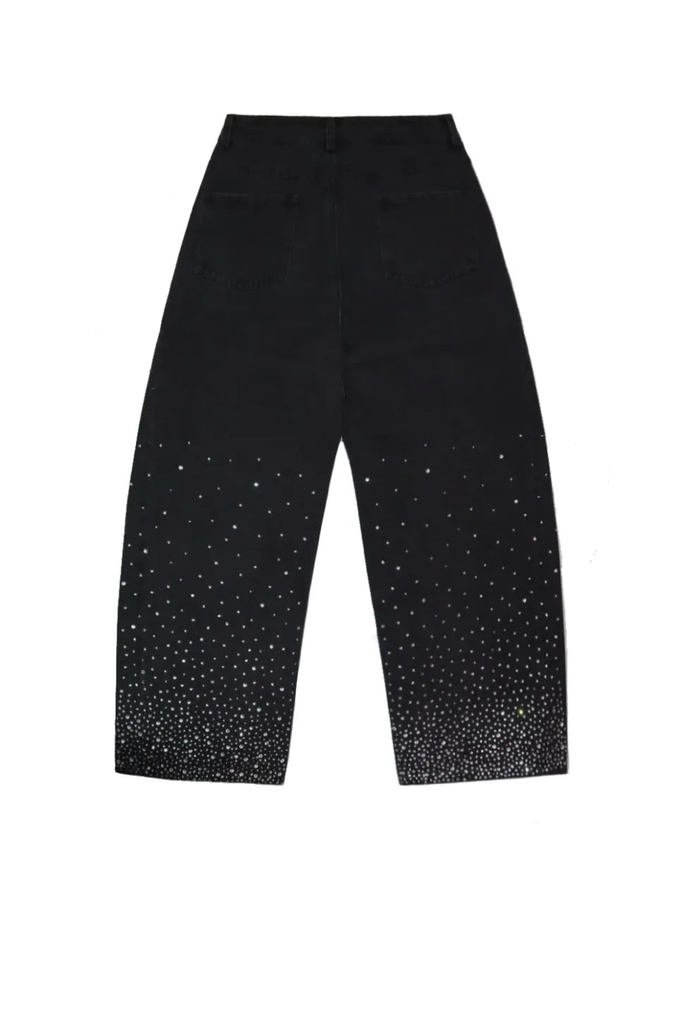 Diamond-Splattered Wide-Leg Pantsの背面カット。前面とは対照的に、裾部分にのみラインストーンが散りばめられた遊び心のあるデザイン。
