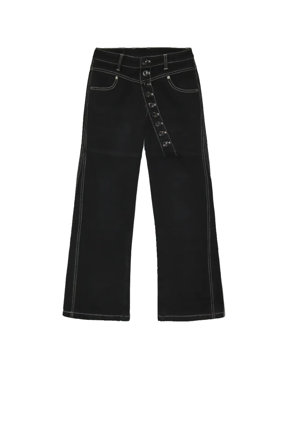 Long Button-Down Laser-Cut Jeansの正面。ボタンフライが斜めにデザインされた、アシンメトリーなブラックフレアデニム。