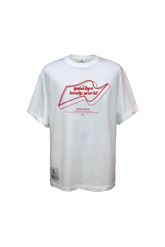 SIRUSI LOCUSのGOOD-BYE LONELY WORLD S/S TEE（WHITE）。白地に鮮やかな赤のラインアートグラフィックがシャープに映える、右裾にネームタグの付いたレギュラーシルエットTシャツ。
