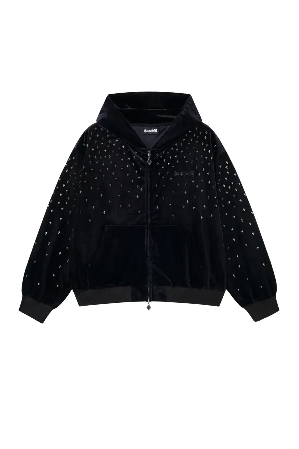 【SUPPLIER】 Micro Cross Rhinestone Velour Zip Hoodie （ブラック） 正面全体画像
