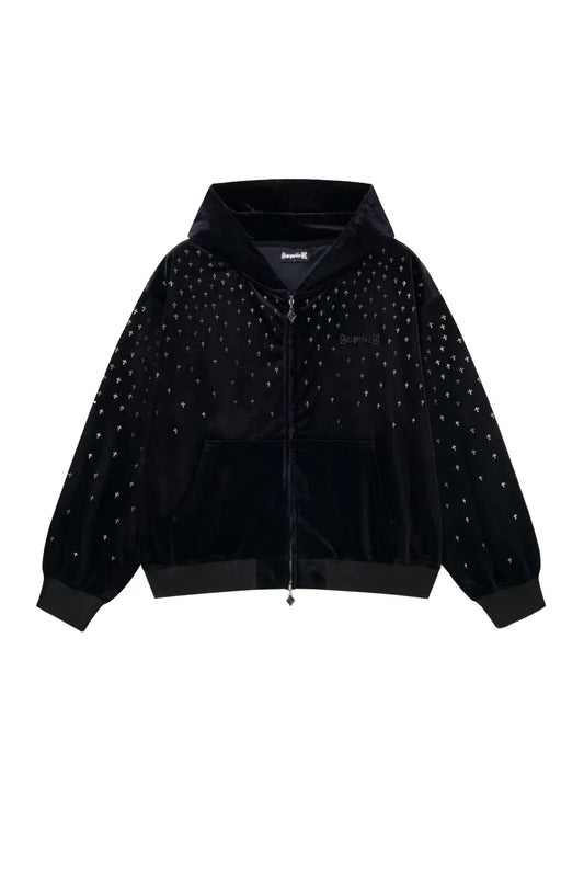 【SUPPLIER】 Micro Cross Rhinestone Velour Zip Hoodie （ブラック） 正面全体画像