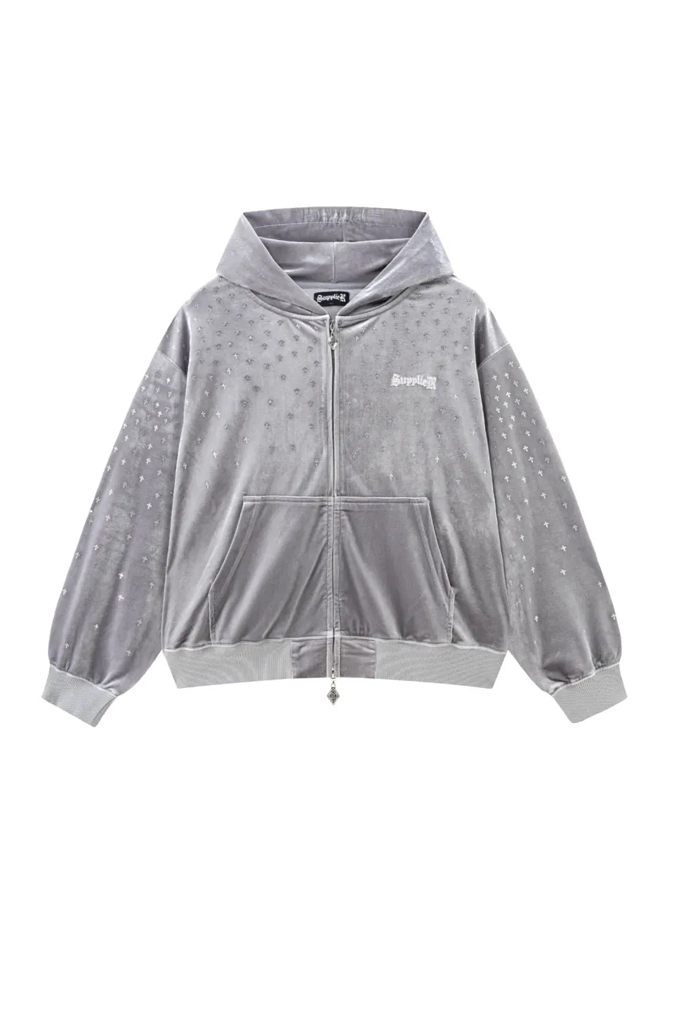 【SUPPLIER】 Micro Cross Rhinestone Velour Zip Hoodie （グレー） 正面全体画像