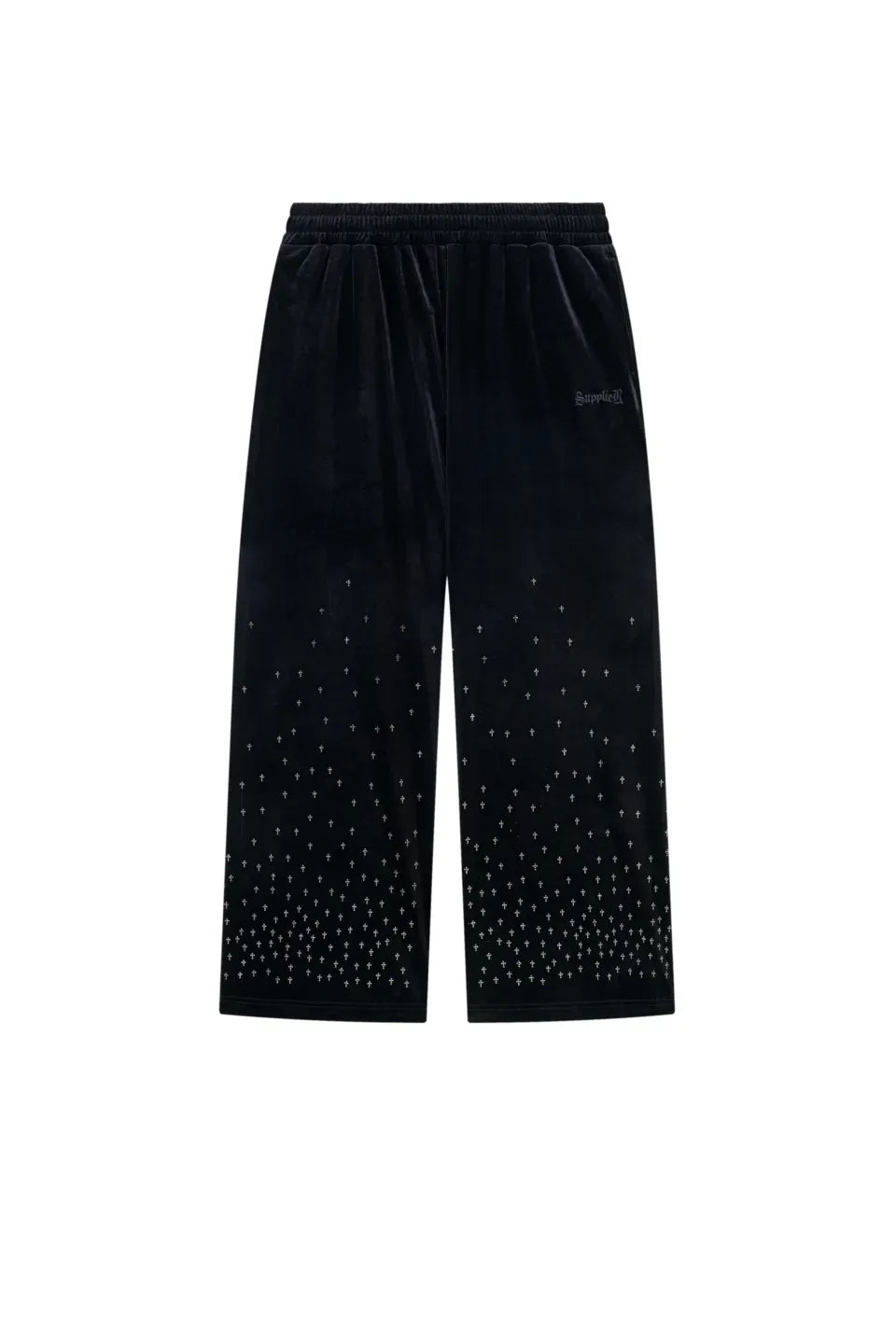 SUPPLIER】 Micro Cross Rhinestone Velour Track Pants （ブラック） 正面全体画像