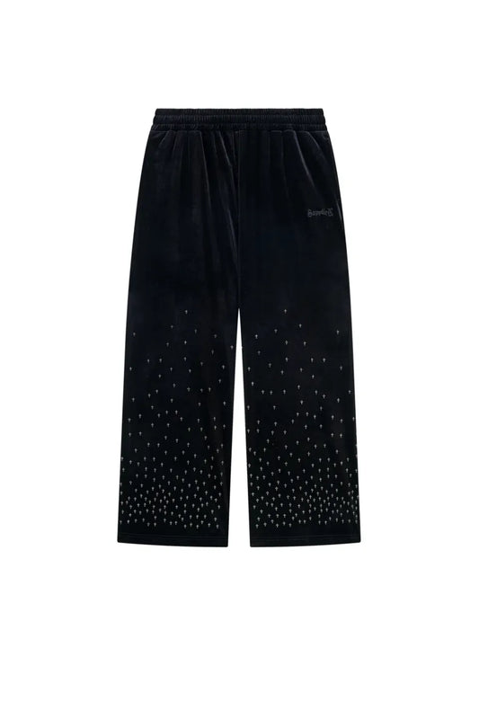 SUPPLIER】 Micro Cross Rhinestone Velour Track Pants （ブラック） 正面全体画像