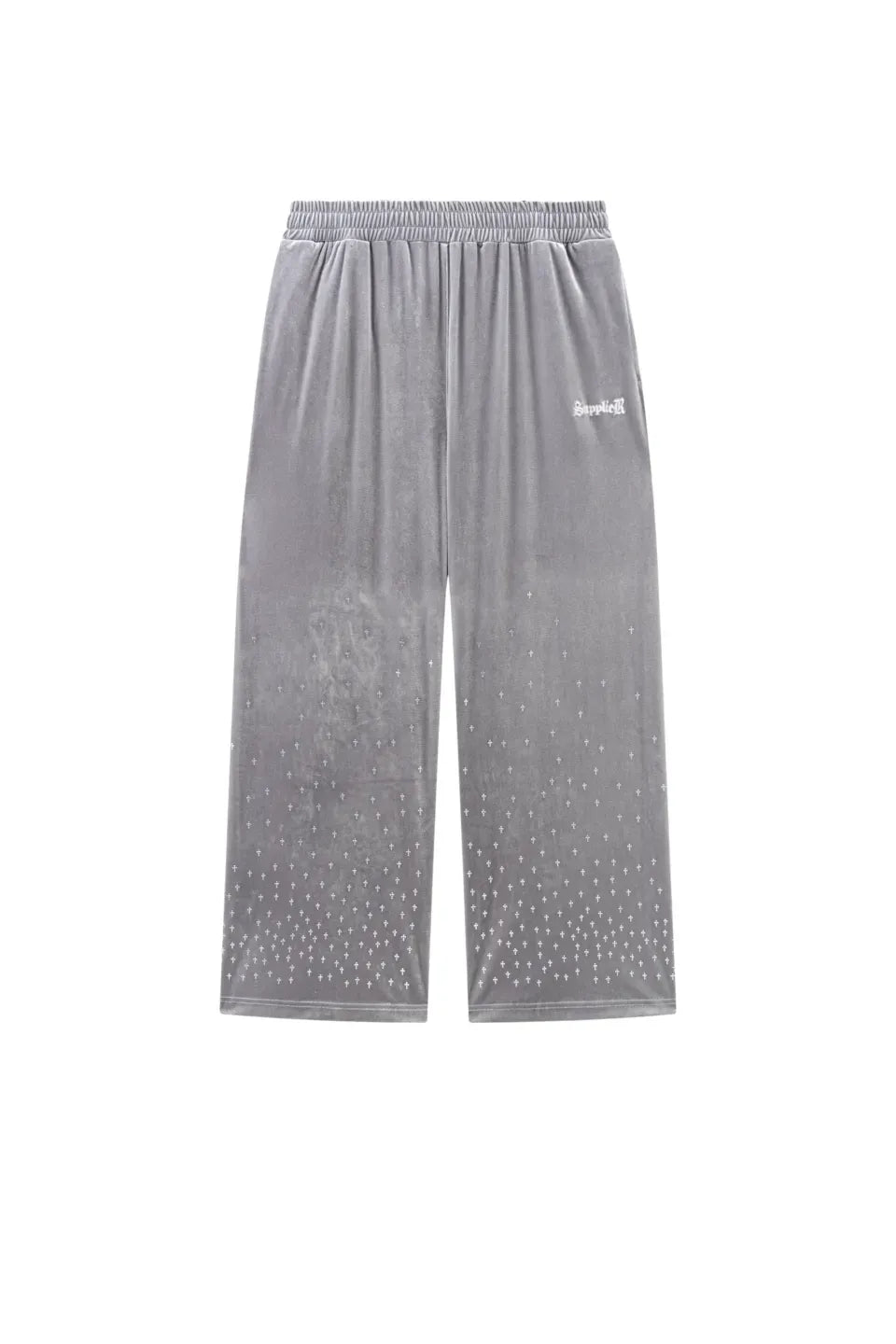 【SUPPLIER】 Micro Cross Rhinestone Velour Track Pants （グレー） 正面全体画像