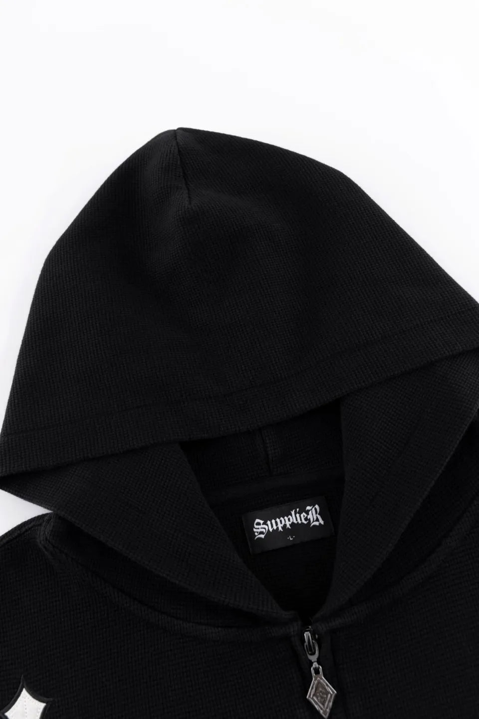 Multiple Cross Leather Patch Thermal Zip Hoodie