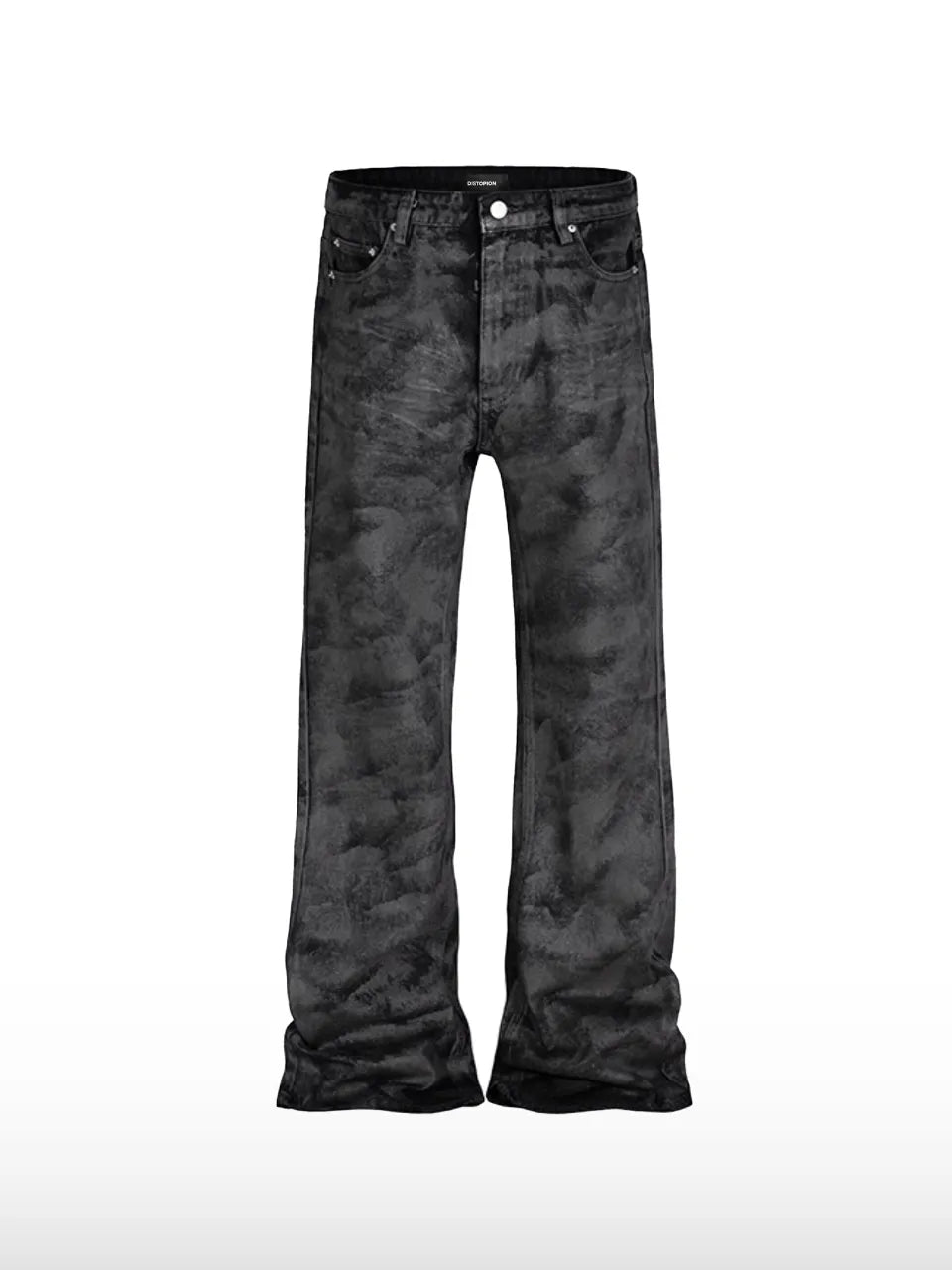 DistopionのCarbon Jeansのフロントビュー。大理石や雲のような独特の色ムラがある黒のクラウドウォッシュ加工が施され、足元に向かって緩やかに広がるフレアシルエットのノンストレッチデニムパンツ。