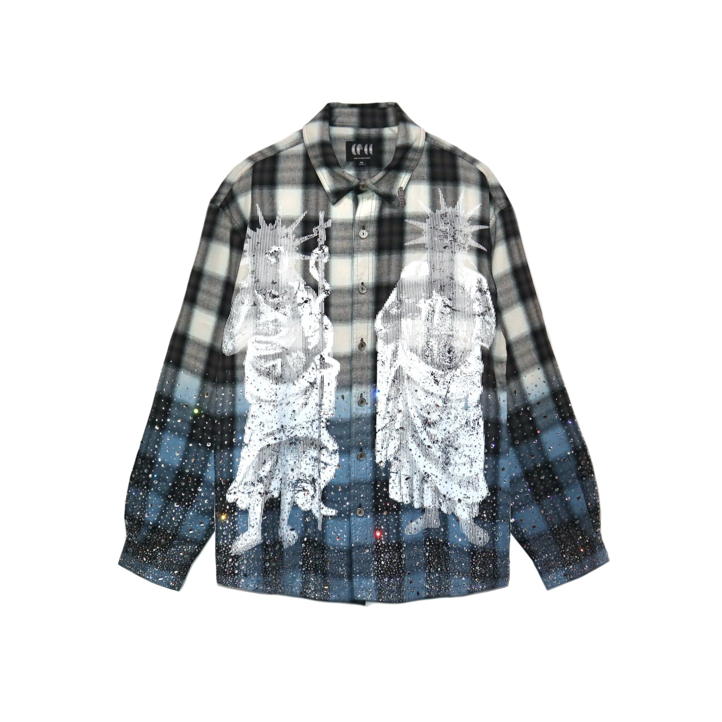 The Boy Has No PatienceのSaint Irregular Hot Diamond Plaid Shirt。フロント左右にラインストーンが輝く大きな聖人グラフィックが施された、オーバーサイズの長袖チェックシャツ。