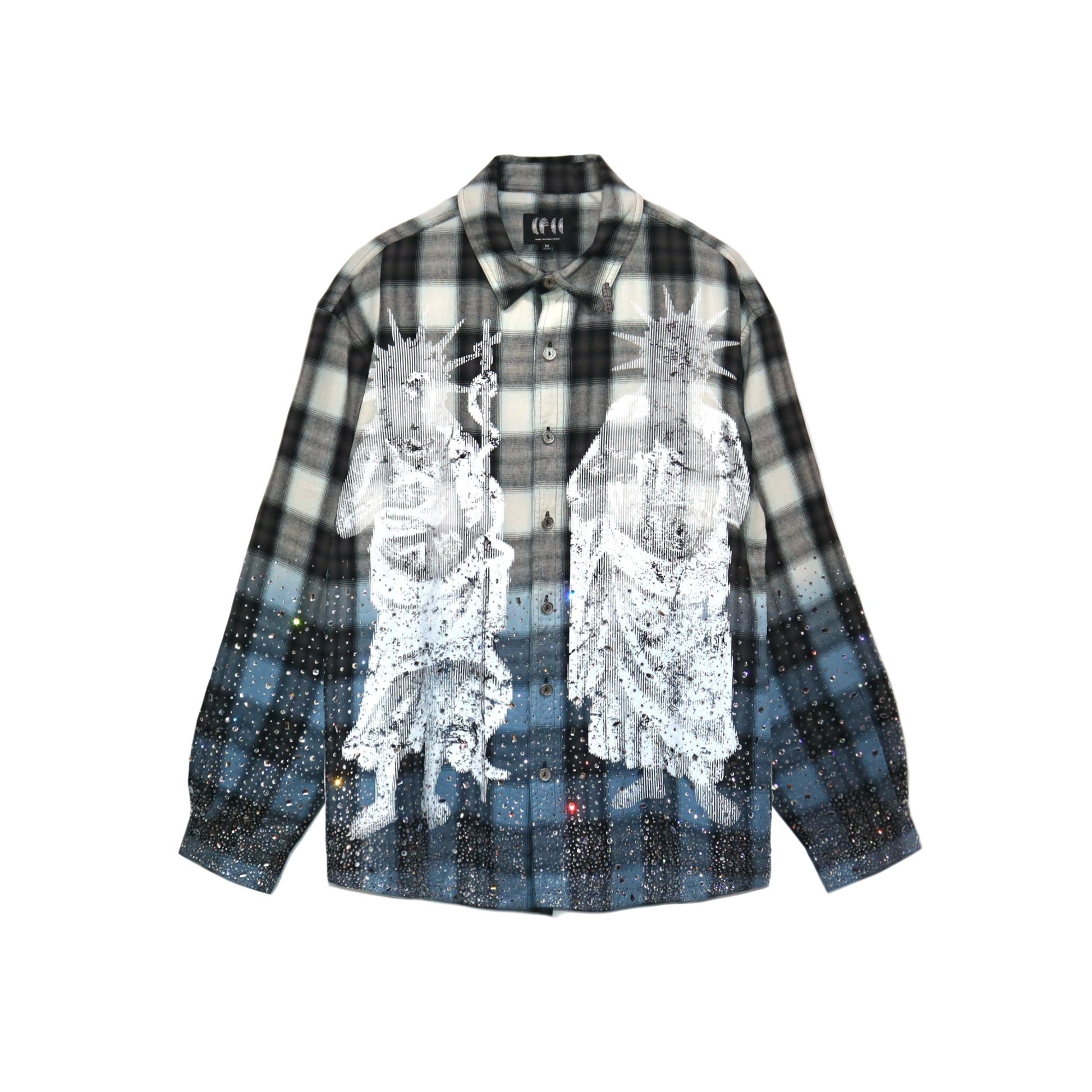The Boy Has No PatienceのSaint Irregular Hot Diamond Plaid Shirt。フロント左右にラインストーンが輝く大きな聖人グラフィックが施された、オーバーサイズの長袖チェックシャツ。