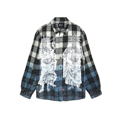 The Boy Has No PatienceのSaint Irregular Hot Diamond Plaid Shirt。フロント左右にラインストーンが輝く大きな聖人グラフィックが施された、オーバーサイズの長袖チェックシャツ。