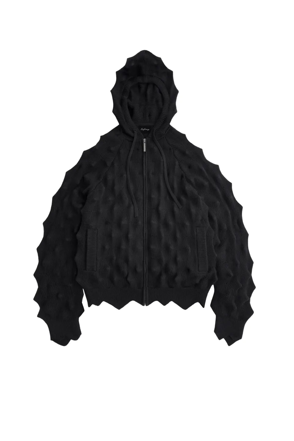 SPIKED ZIP-UP HOODIE MADFRENZYのブラックカラー平置き正面画像。全体に施されたトゲ状の形状記憶ニット加工。