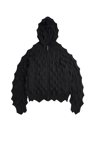 SPIKED ZIP-UP HOODIE MADFRENZYのブラックカラー平置き正面画像。全体に施されたトゲ状の形状記憶ニット加工。