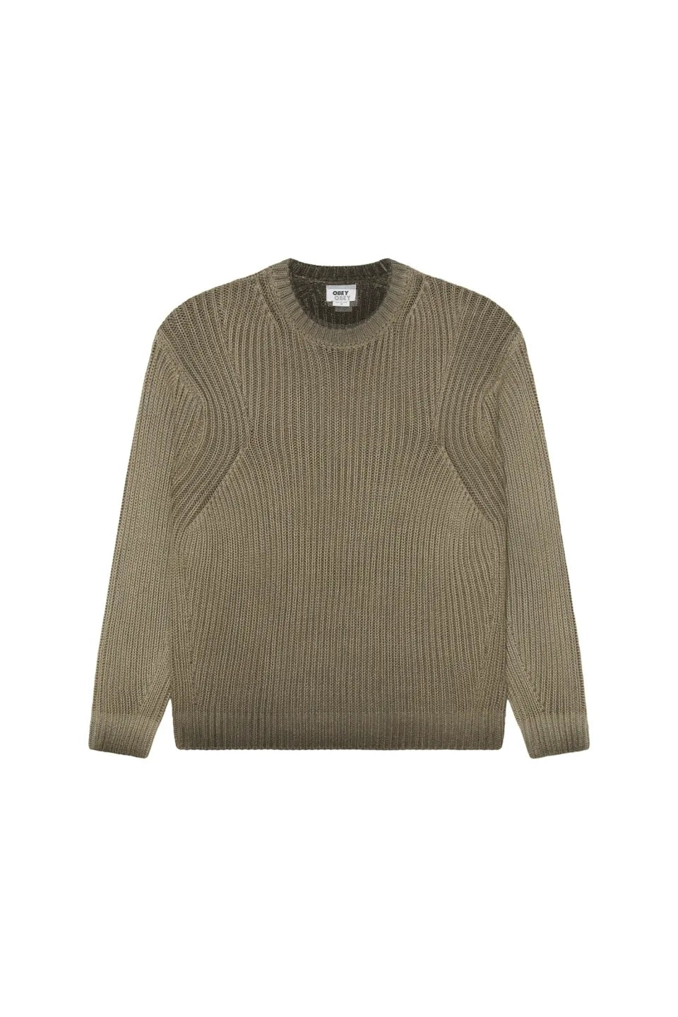 OBEY IAN FADED WASH SWEATER WRENの正面平置き画像。ヴィンテージ調のフェードウォッシュ加工。