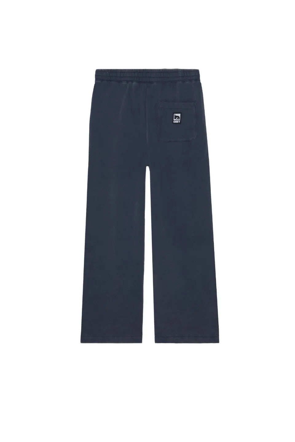 OBEY POST SWEATPANT ネイビーの背面平置き画像。バックポケットにアートパッチ付き。