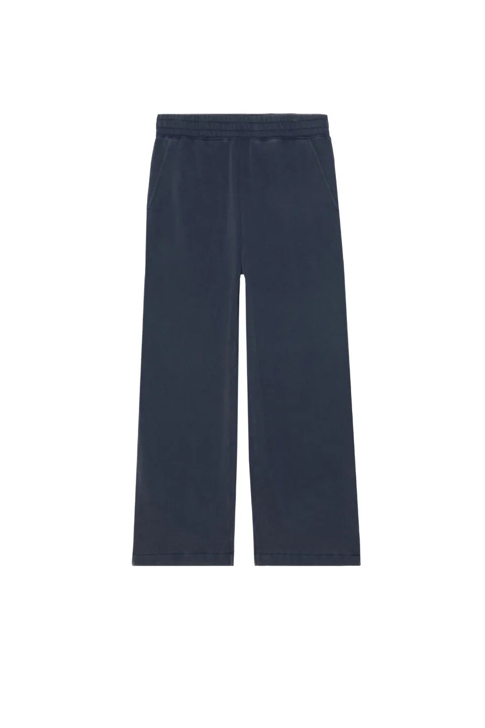 OBEY POST SWEATPANT ネイビーの正面平置き画像。スノーウォッシュ加工のリラックススウェットパンツ。