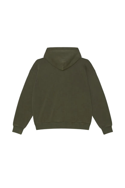 OBEY POST ZIP HOOD ダスティブラックオリーブの背面平置き画像。
