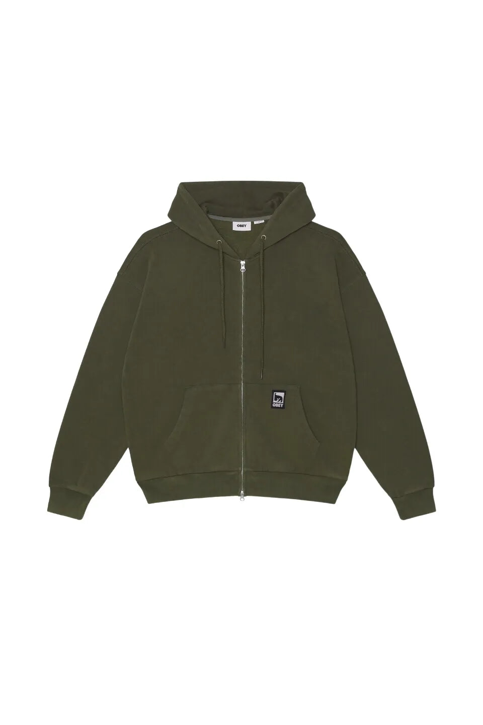 OBEY POST ZIP HOOD ダスティブラックオリーブの背面平置き画像。