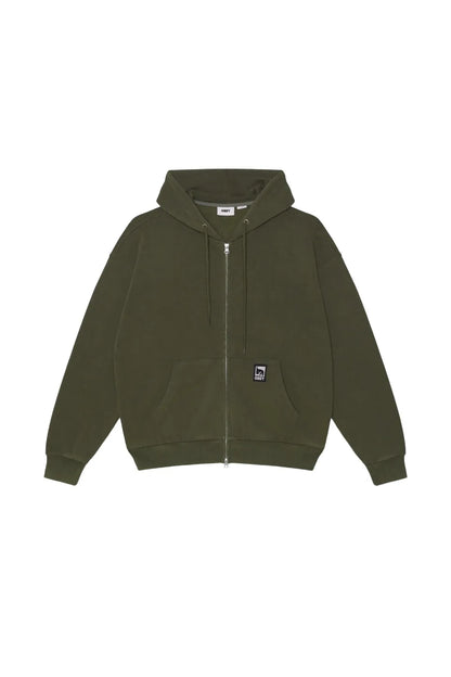 OBEY POST ZIP HOOD ダスティブラックオリーブの背面平置き画像。
