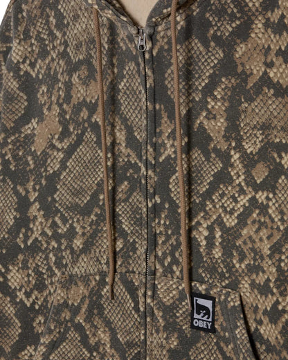 OBEY POST ZIP HOOD パイソン柄の胸元・ポケットアップ画像。