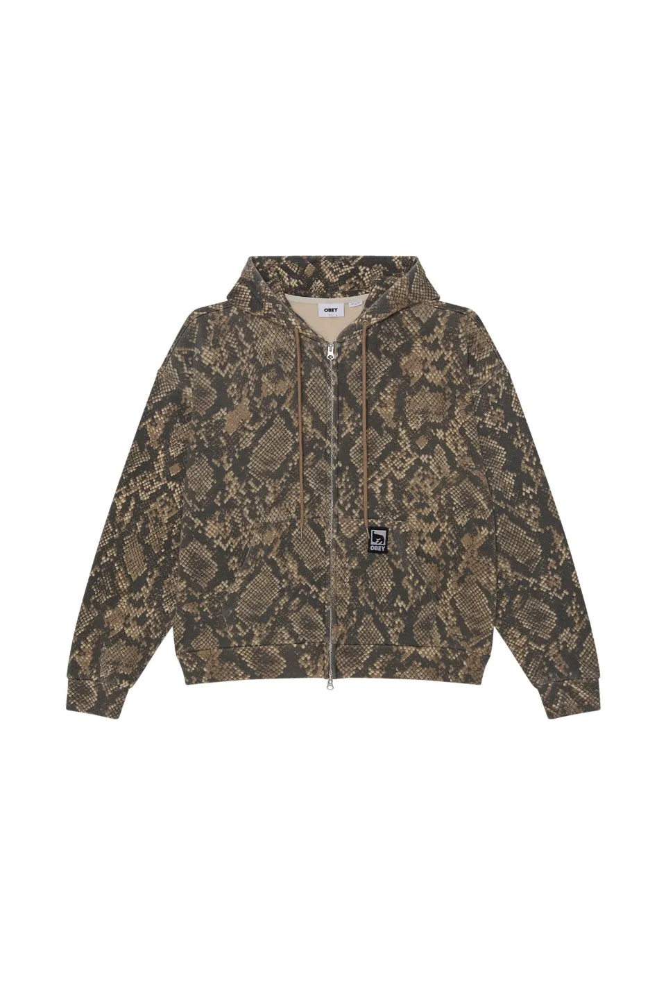 OBEY POST ZIP HOOD ヴィンテージラトルスネーク（パイソン柄）の正面平置き画像。