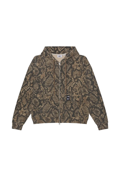OBEY POST ZIP HOOD ヴィンテージラトルスネーク（パイソン柄）の正面平置き画像。