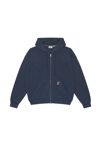 OBEY POST ZIP HOOD ネイビーの背面平置き画像。