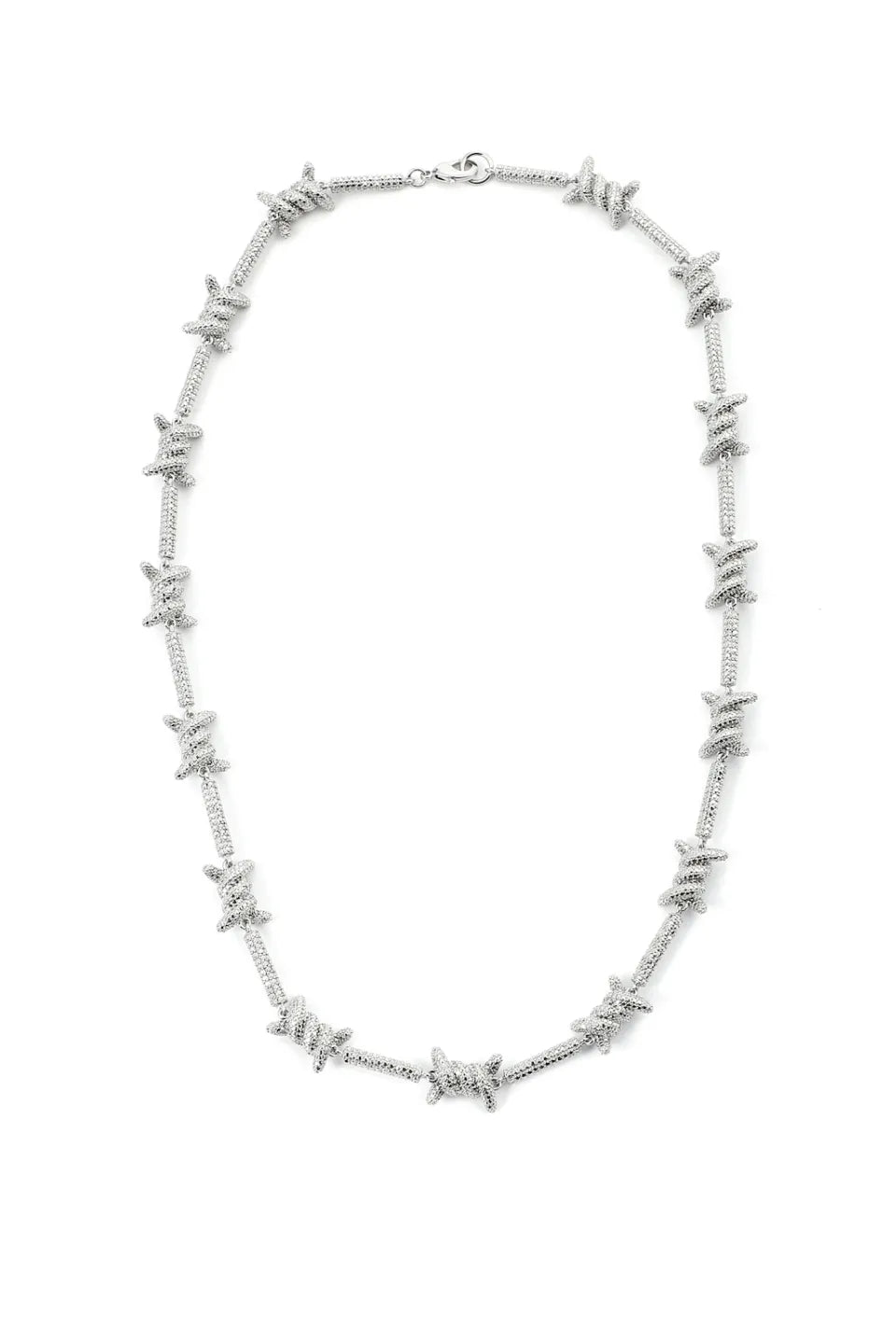 $ole only Barbed Wire Motif Necklaceの全体画像。有刺鉄線のコマが連なる独創的なデザインと、特別カットのジルコニアが放つ虹色の輝き。