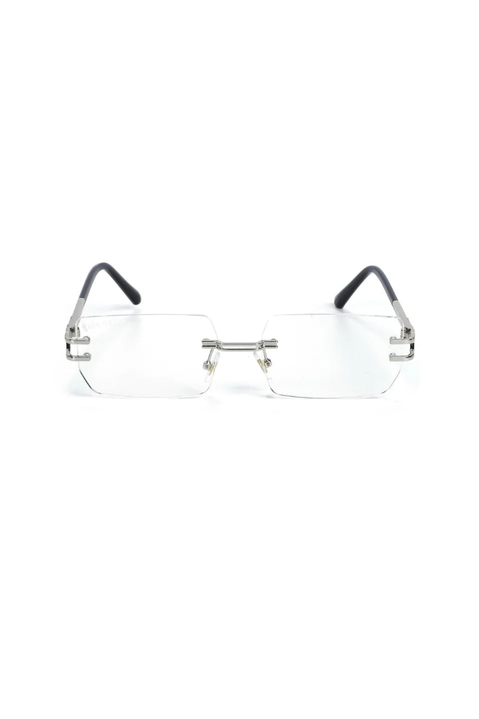 $ole only Lemures Sunglasses - Clear の正面。透明なスクエアレンズと、安定感のあるノーズパッドを備えたユニセックスデザイン。