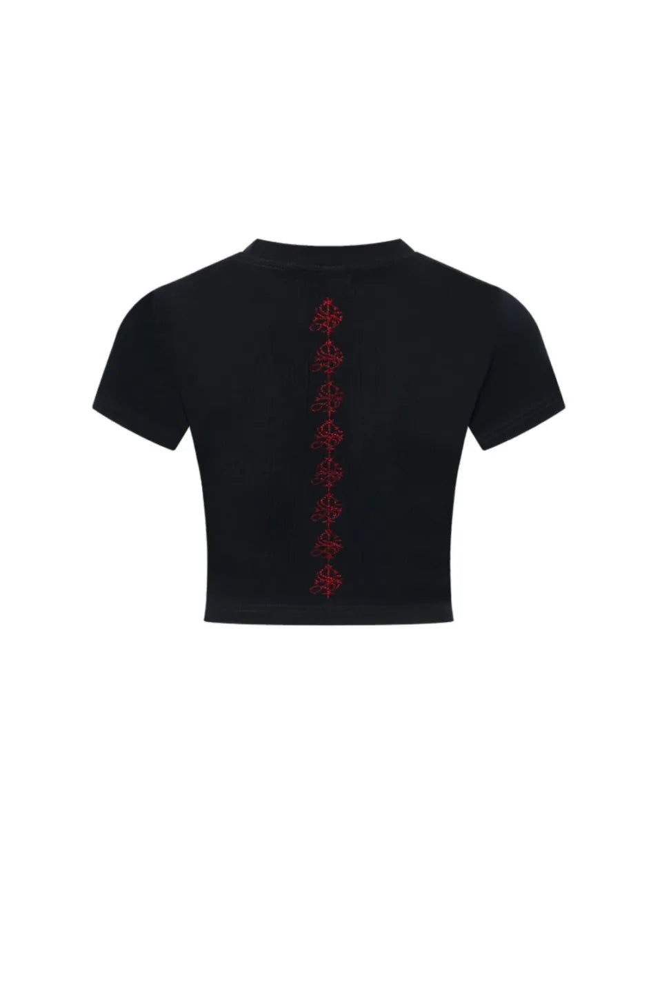 Supbaby by SUPPLIERのPetit Cross Rhinestone Cropped Tee（BLACK）のバック。背面のセンターラインに沿って、赤いクロスのラインストーンが縦一列に配置された後ろ姿。
