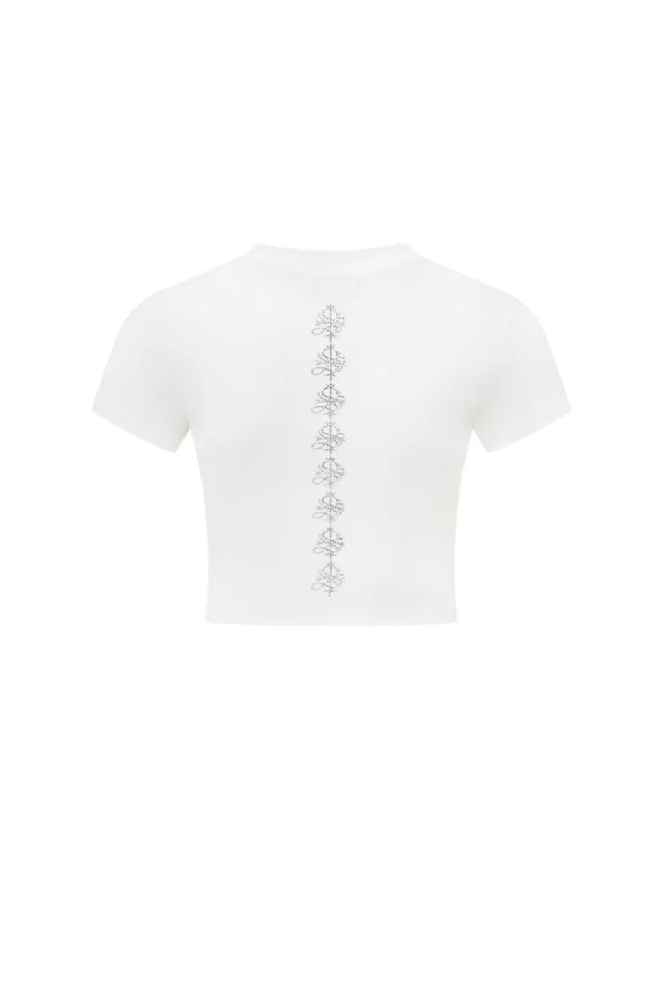 Supbaby by SUPPLIERのPetit Cross Rhinestone Cropped Tee（WHITE）のバック。白ボディの背中の中心に、シルバー系のきらめくクロスモチーフが縦に並んだスタイリッシュなバックスタイル。