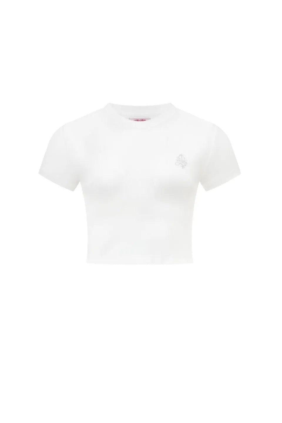Supbaby by SUPPLIERのPetit Cross Rhinestone Cropped Tee（WHITE）のフロント。クリーンな白地に、クリアな輝きを放つミニマルなクロスラインストーンが左胸に上品に映えるクロップドTシャツ。
