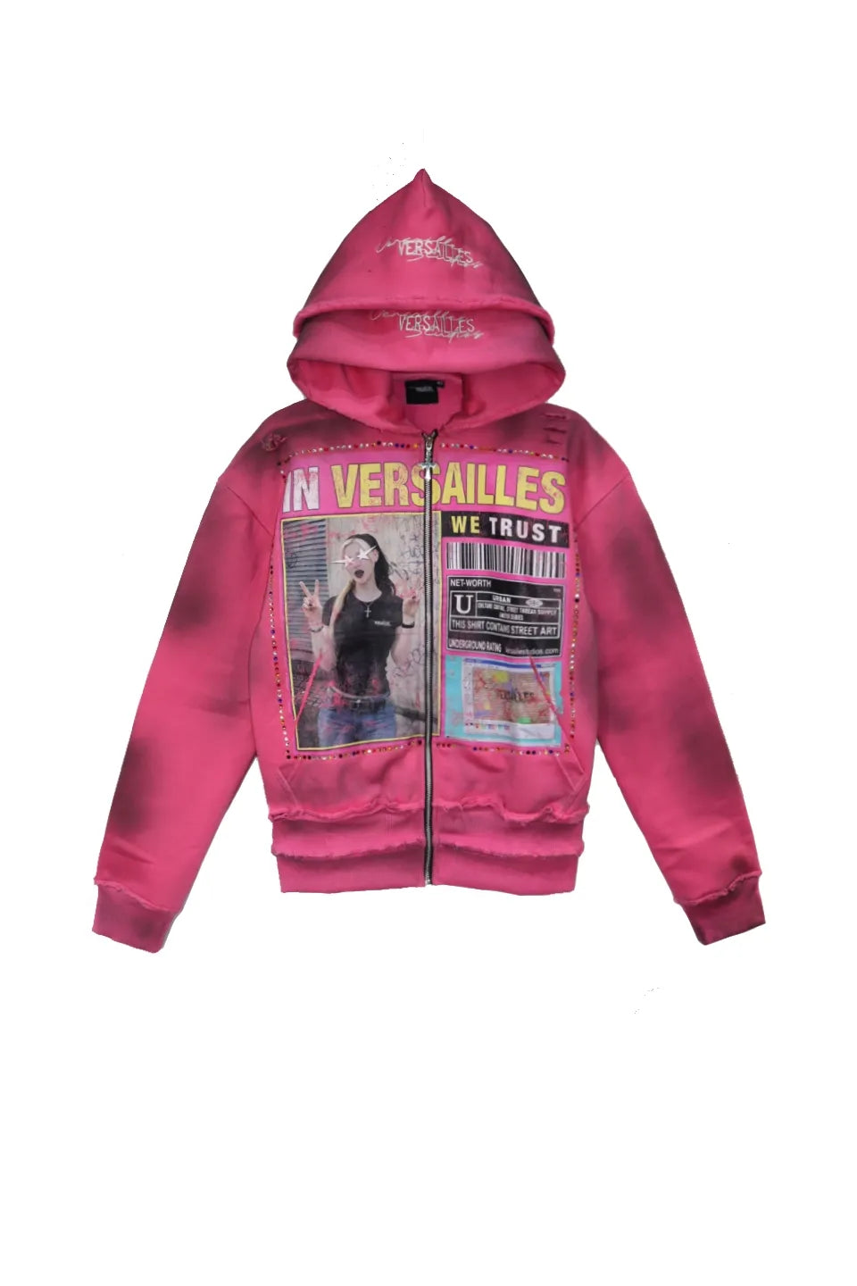 Versailles Galleria "INVWT" Zip Double Hoodie ピンクの正面平置き画像。スプレー加工とダブルフードデザイン。