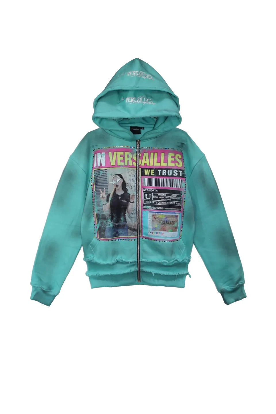Versailles Galleria "INVWT" Zip Double Hoodie ターコイズの正面平置き画像。二重裾とフロントグラフィック。