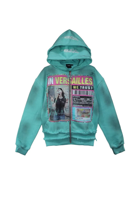 Versailles Galleria "INVWT" Zip Double Hoodie ターコイズの正面平置き画像。二重裾とフロントグラフィック。