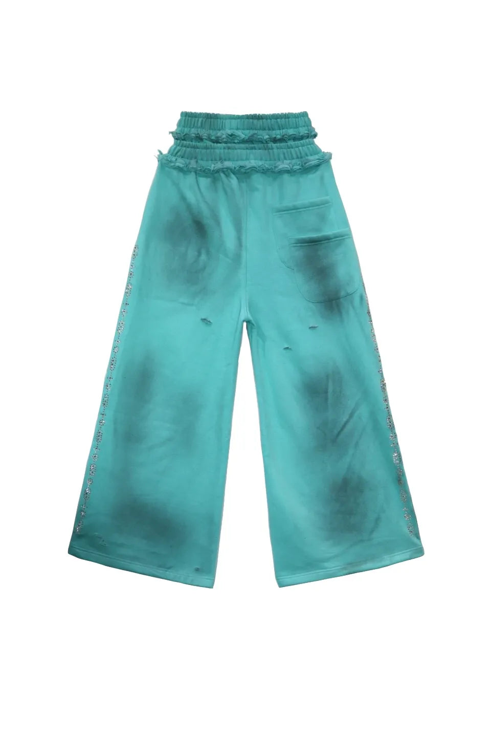 Versailles Galleria "INVWT" Double Waist Sweat Pants ターコイズの背面平置き画像。バックポケットと二重ウエスト。