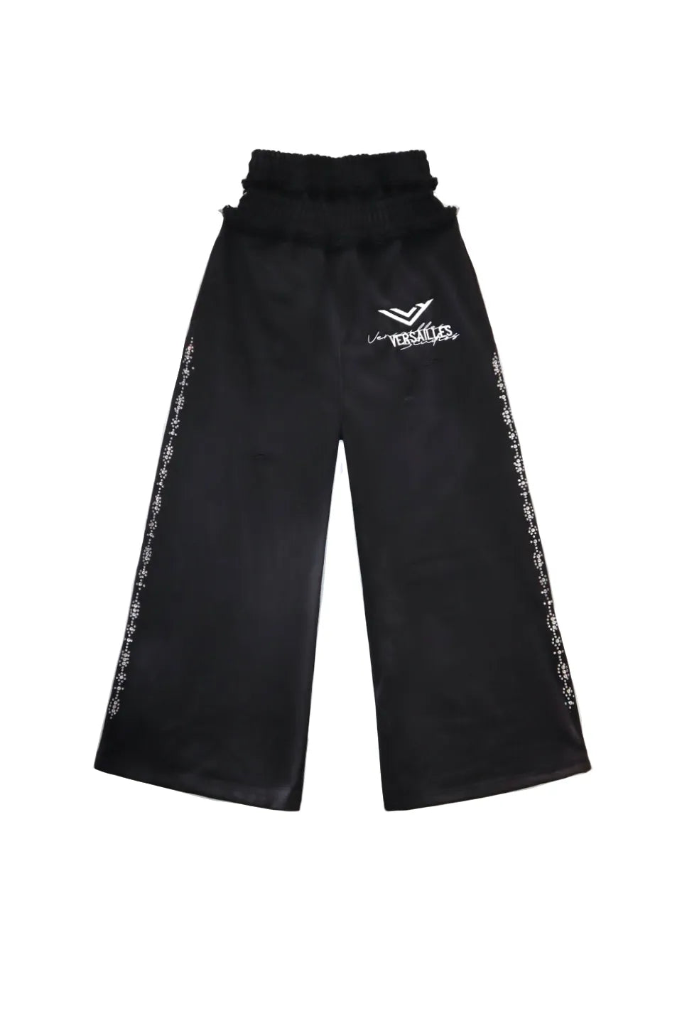 Versailles Galleria "INVWT" Double Waist Sweat Pants ブラックの正面平置き画像。二重ウエストとサイドのラインストーン。