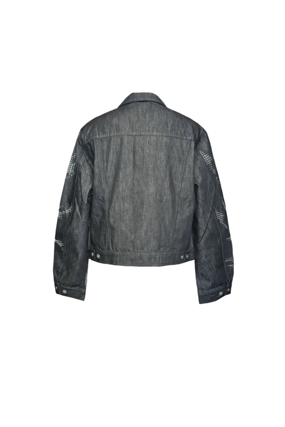DND4DESのIroned Denim Jacketのバックスタイル画像。袖裏まで贅沢にデザインされたアイレット装飾と、バックの綺麗なボックスシルエットのディテール。