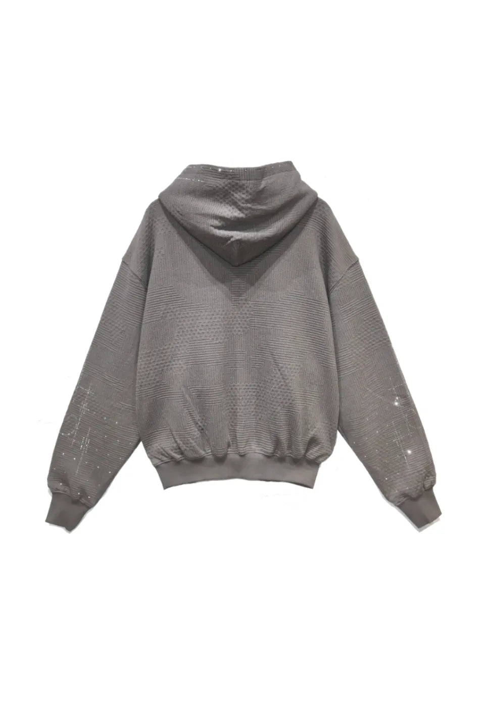 Our Lady Of The Hot Drill Sweater DND4DESのバックスタイル画像。全体に広がる立体的なジャガード織りの質感と、袖やフードに施されたラインストーンの輝き。