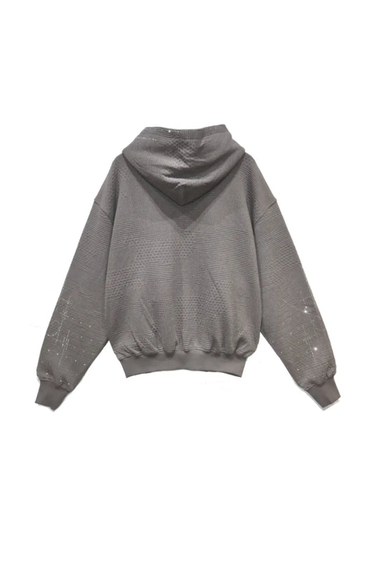 Our Lady Of The Hot Drill Sweater DND4DESのバックスタイル画像。全体に広がる立体的なジャガード織りの質感と、袖やフードに施されたラインストーンの輝き。