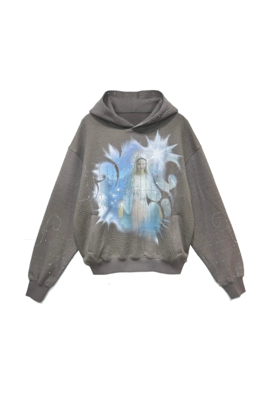 Our Lady Of The Hot Drill Sweater DND4DESのフロント正面画像。グレーのジャガードニット地に鮮やかなマリアグラフィックとラインストーンが煌めく、短丈ボックスシルエットのニットパーカー。