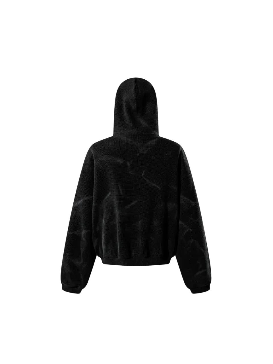【THE BOY HAS NO PATIENCE】 LUMINOUS DAWN EMBROIDERED LOGO HOODIE （BLACK） タイダイ調サーマル生地のホワイトフーディー背面全体画像